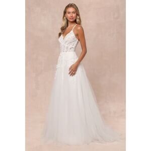Lulus Glorious Luxury White Sheer Tulle Embroidered Beaded Maxi Dress Size XS